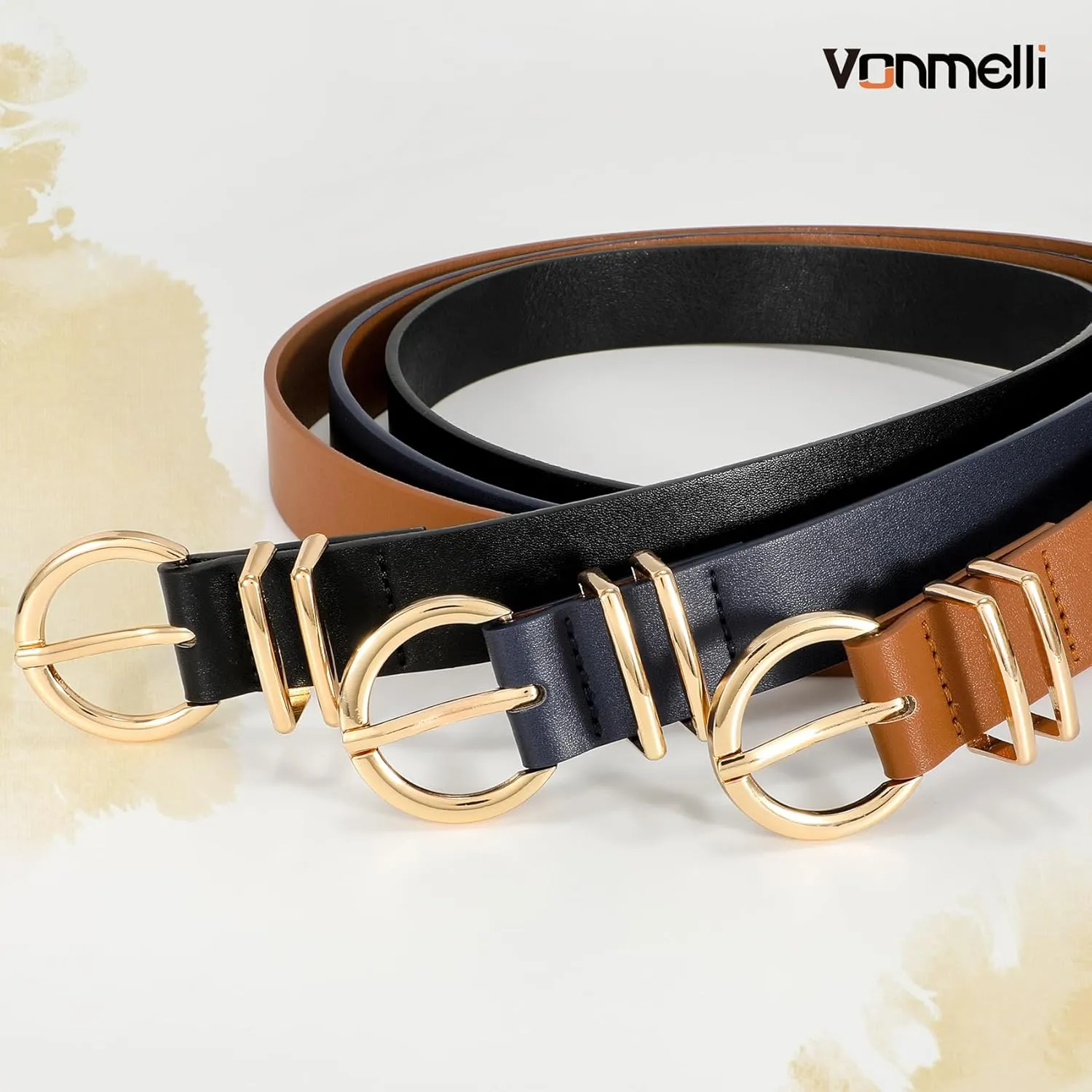 VONMELLI 3 Pack Women's Leather Belts for Jeans Dresses Ladies Waist Belt with Fashion Gold Buckle