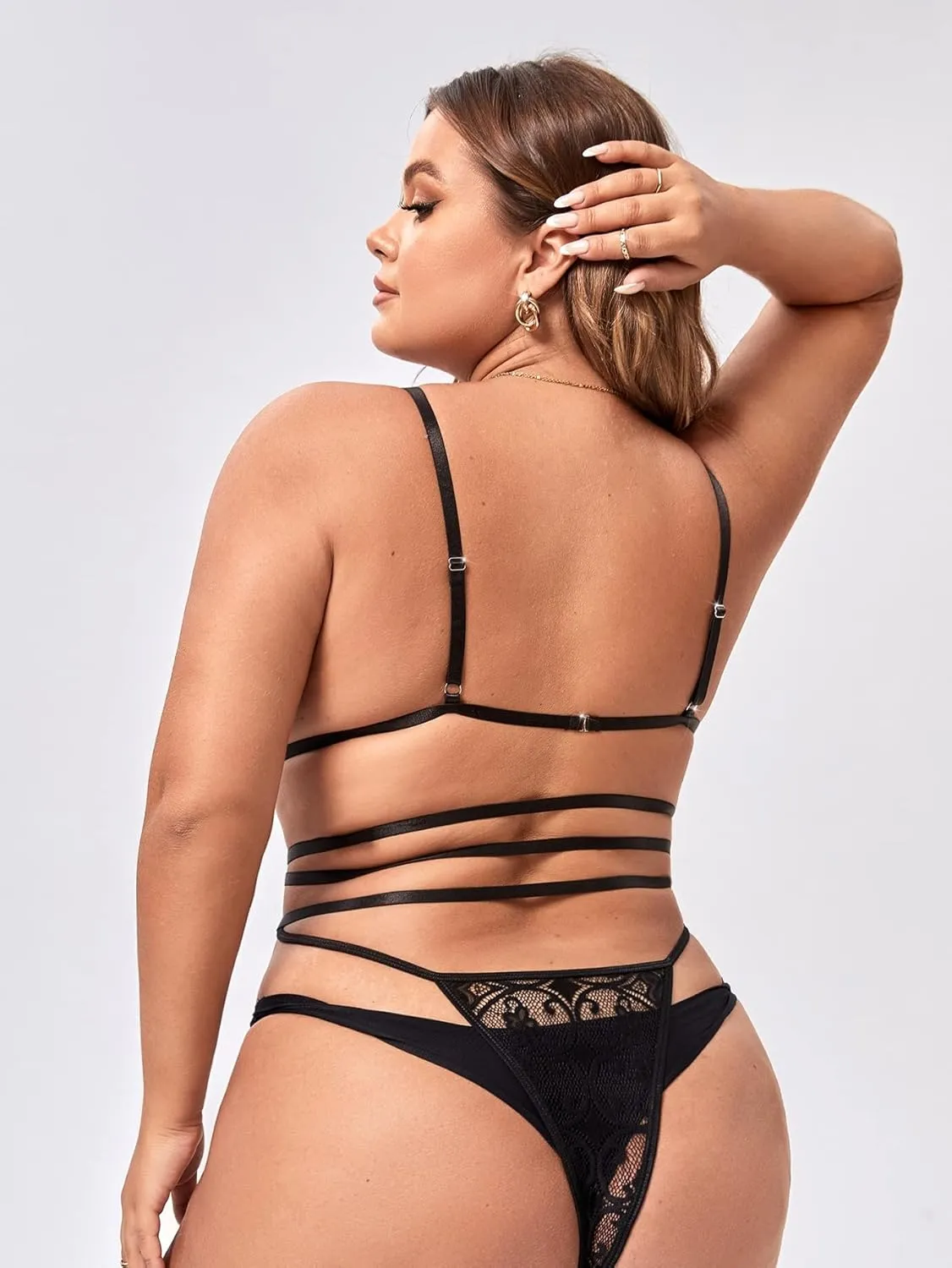 WDIRARA Women's Plus Size Lace Hollow Out Strappy Teddy Garter Lingerie Bodysuit