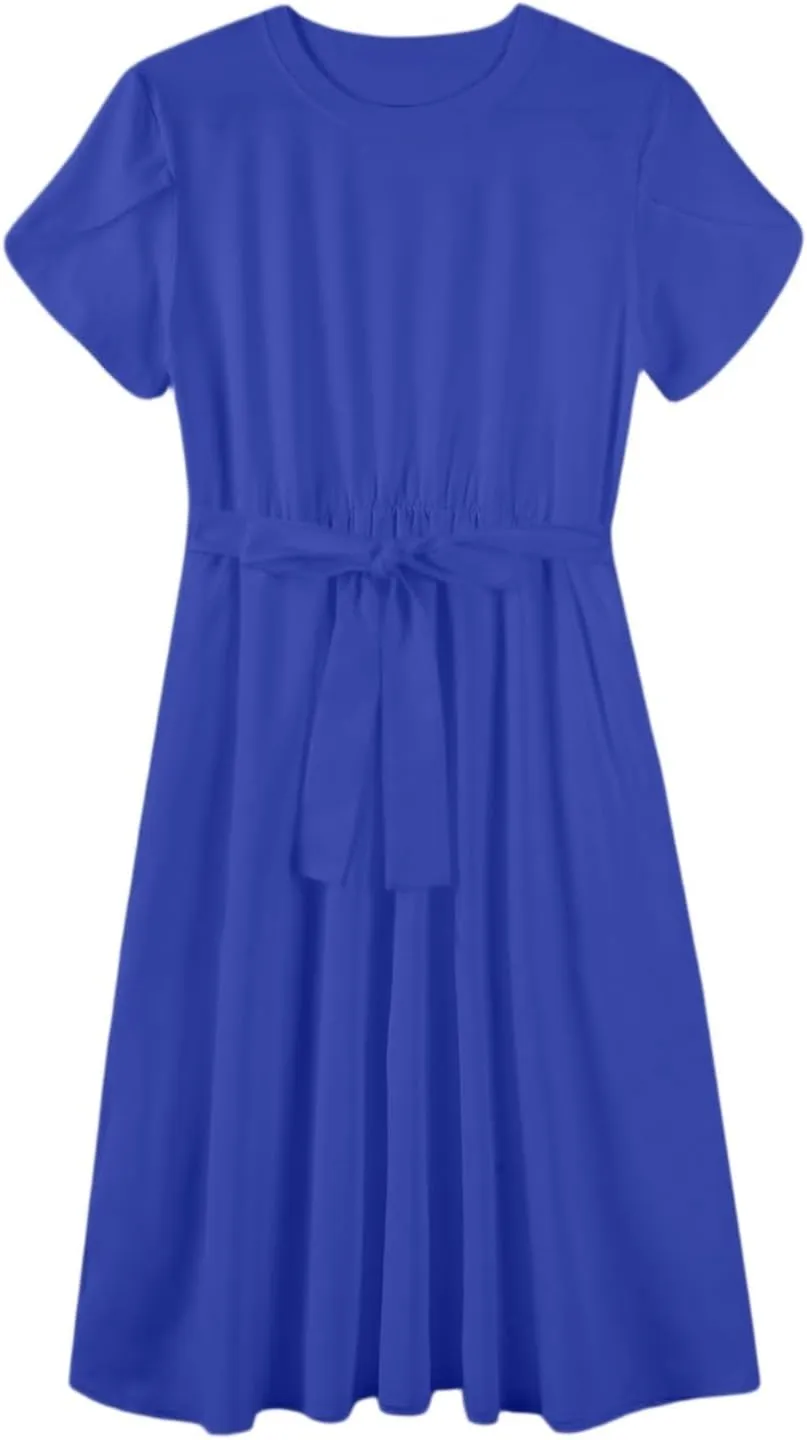 Wedding Guest Dresses for Women Summer Ruffle Short Sleeve Midi Dress Round Neck Basic A Line Flowy Dress with Belt