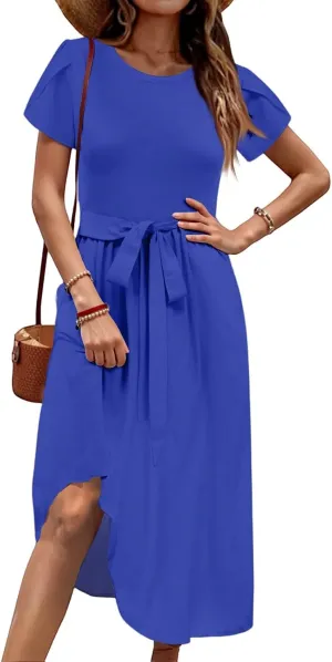 Wedding Guest Dresses for Women Summer Ruffle Short Sleeve Midi Dress Round Neck Basic A Line Flowy Dress with Belt