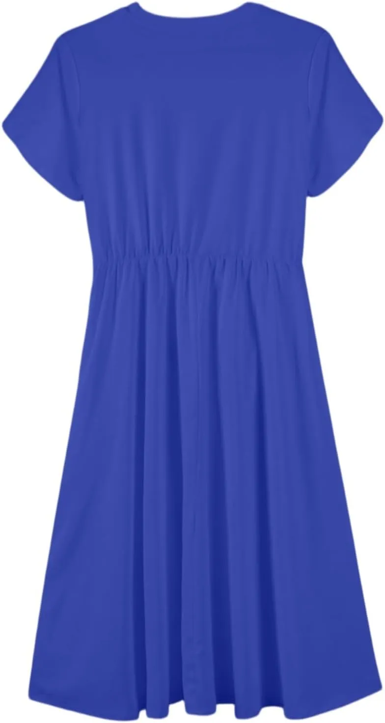 Wedding Guest Dresses for Women Summer Ruffle Short Sleeve Midi Dress Round Neck Basic A Line Flowy Dress with Belt