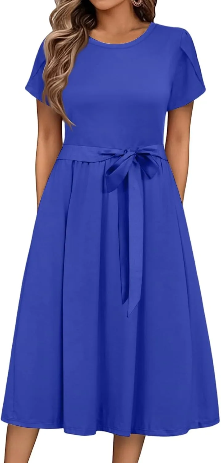 Wedding Guest Dresses for Women Summer Ruffle Short Sleeve Midi Dress Round Neck Basic A Line Flowy Dress with Belt