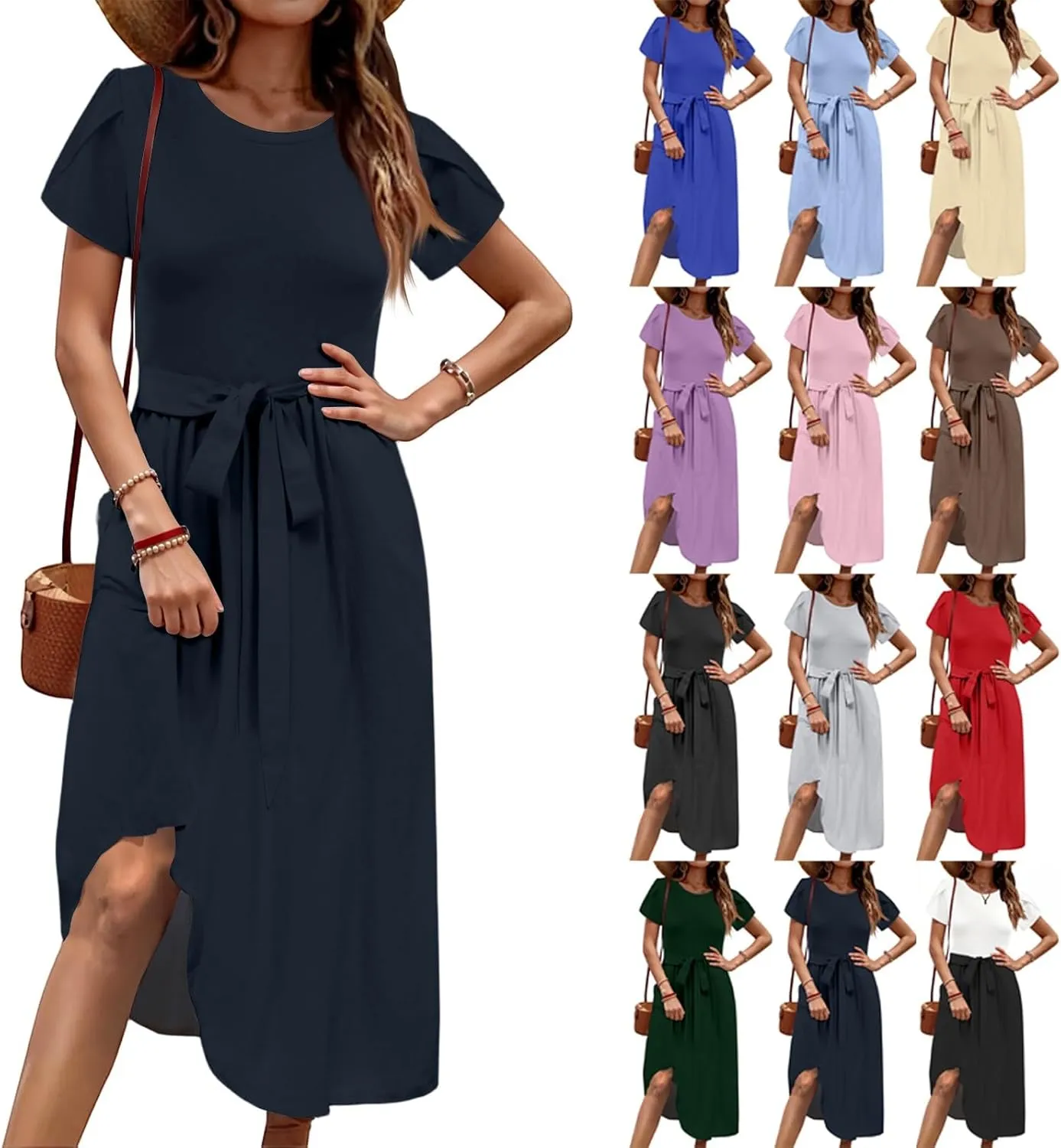 Wedding Guest Dresses for Women Summer Ruffle Short Sleeve Midi Dress Round Neck Basic A Line Flowy Dress with Belt