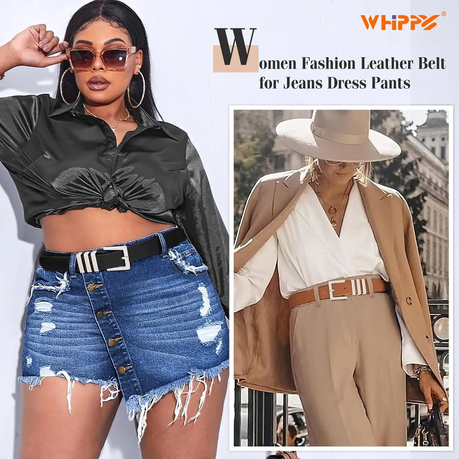 WHIPPY 2 Pack Women's Leather Belts Fashion Square Gold Buckle Ladies Belt for Jeans Pants Dress