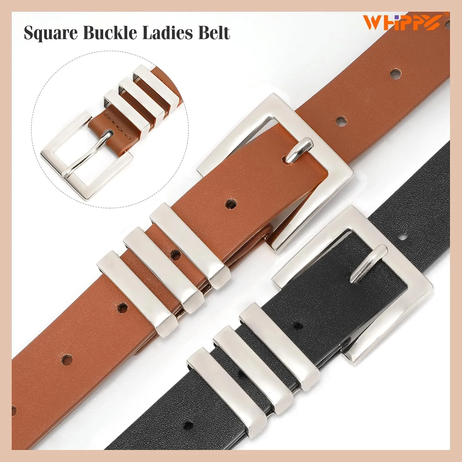 WHIPPY 2 Pack Women's Leather Belts Fashion Square Gold Buckle Ladies Belt for Jeans Pants Dress