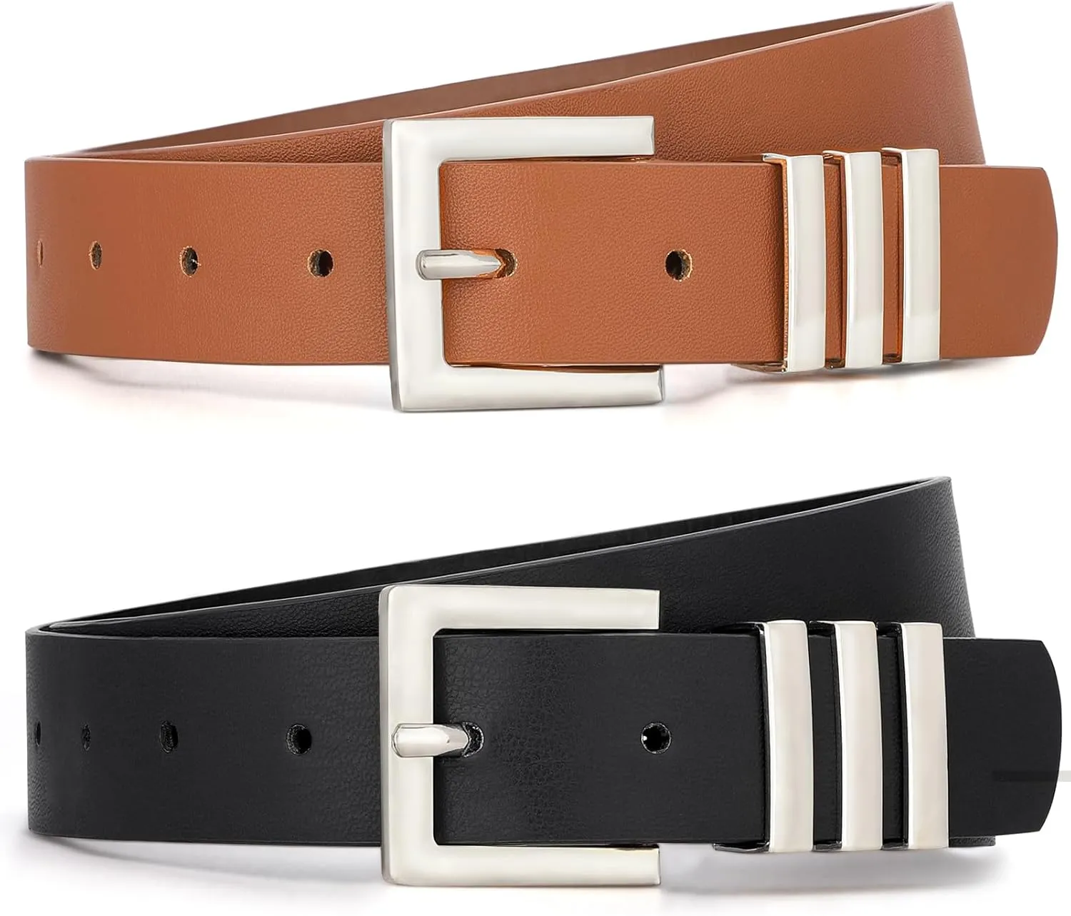 WHIPPY 2 Pack Women's Leather Belts Fashion Square Gold Buckle Ladies Belt for Jeans Pants Dress