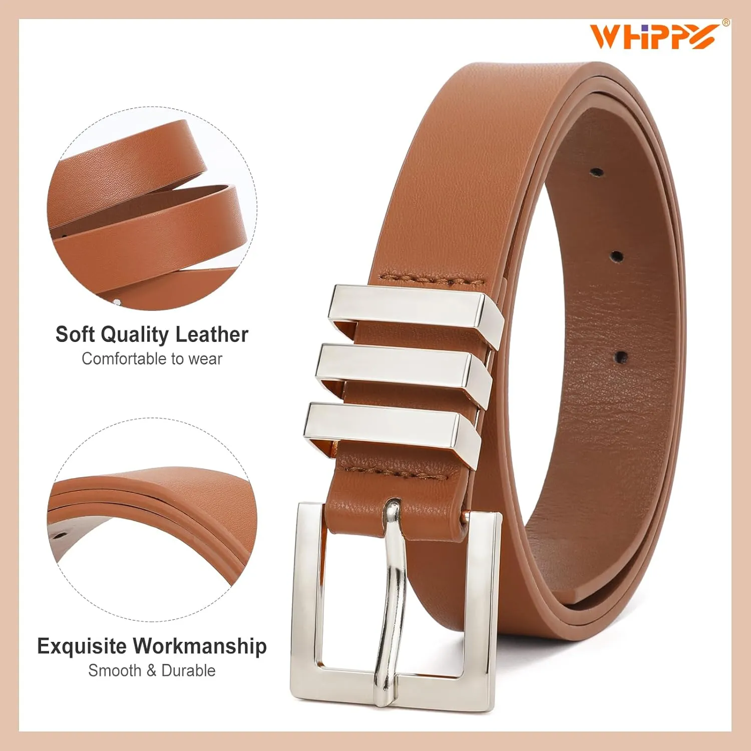WHIPPY 2 Pack Women's Leather Belts Fashion Square Gold Buckle Ladies Belt for Jeans Pants Dress