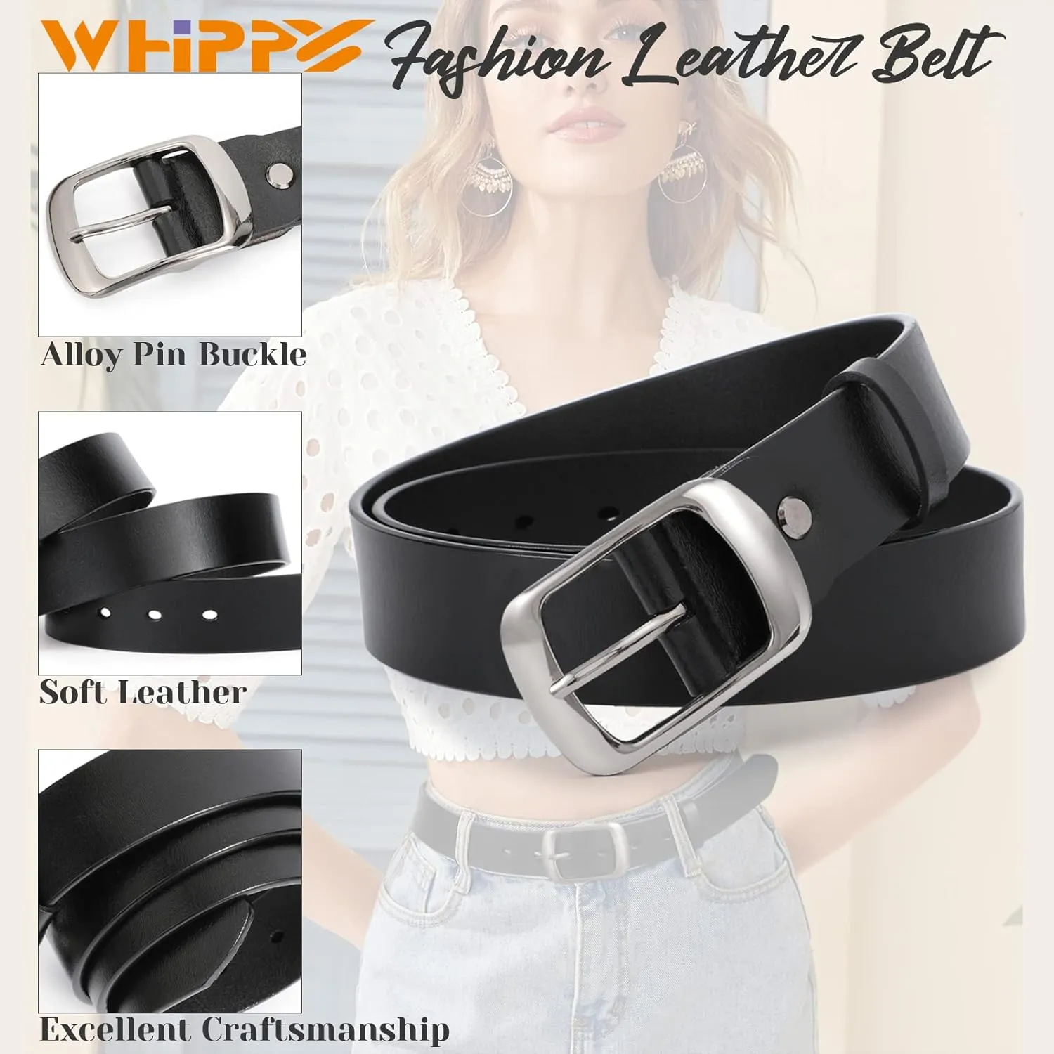 WHIPPY Women Leather Belts for Jeans Pants Fashion Dress Belt for Women with Solid Pin Buckle