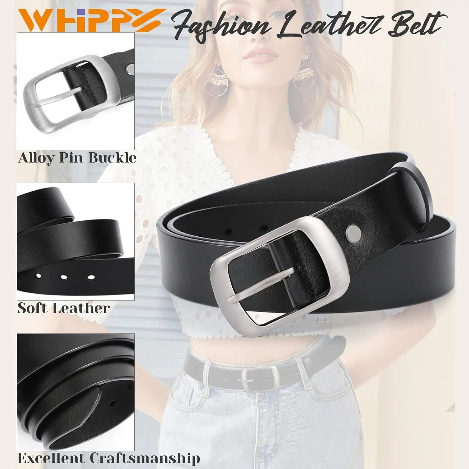 WHIPPY Women Leather Belts for Jeans Pants Fashion Dress Belt for Women with Solid Pin Buckle