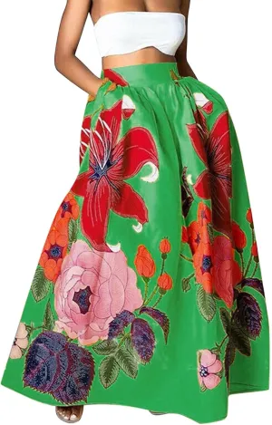 Women Casual 2025 Maxi Skirt Floral Flowy Bohemian Renaissance A Line Trendy Dress Spring Beach Skirts with Pockets