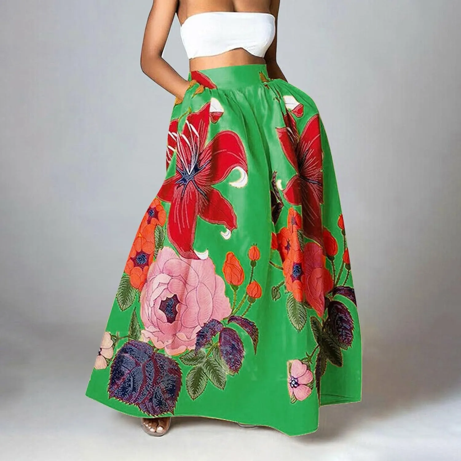 Women Casual 2025 Maxi Skirt Floral Flowy Bohemian Renaissance A Line Trendy Dress Spring Beach Skirts with Pockets