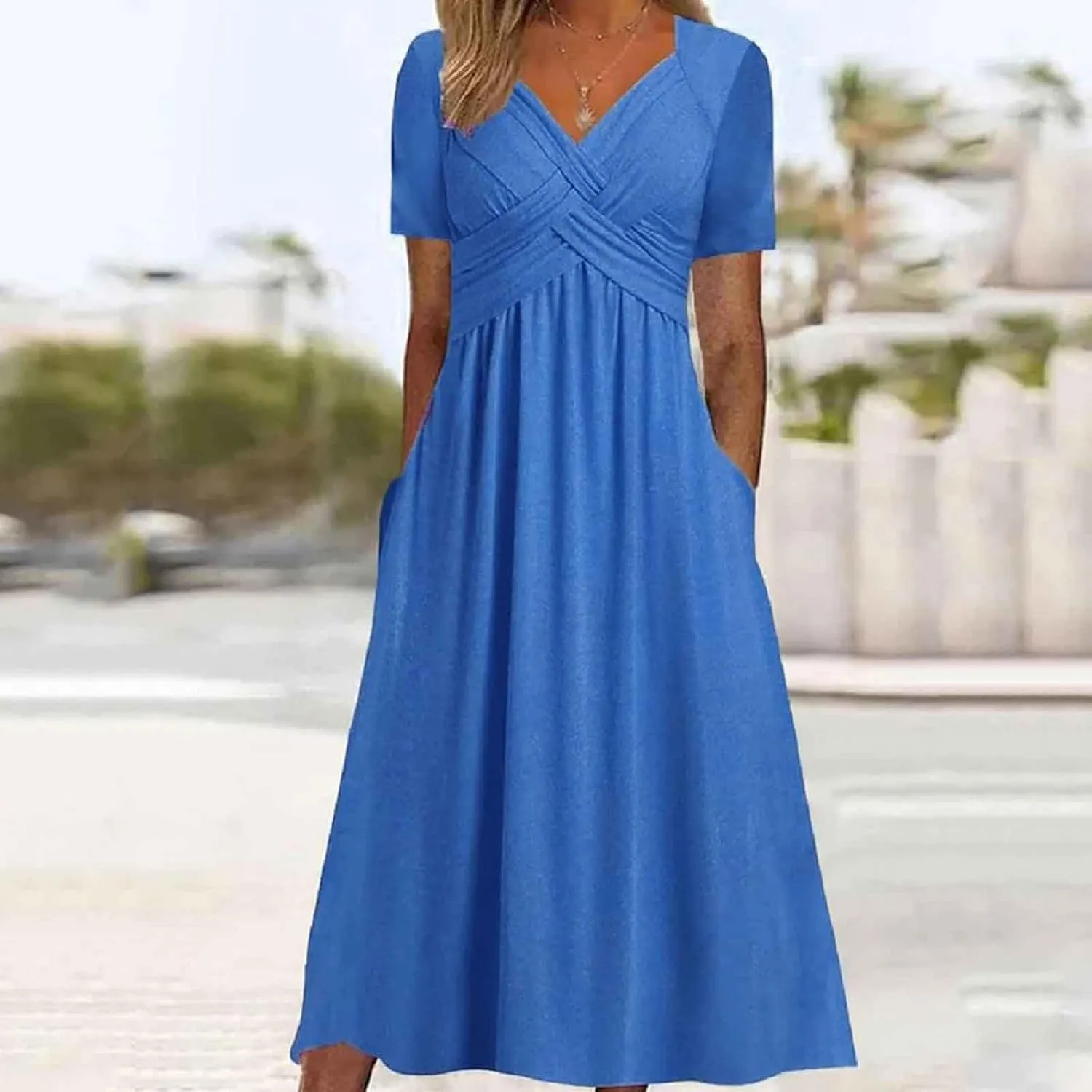 Women Casual Summer Dresses Elegant Short Sleeve Pleated A Line Dresses for Women 2025 Swing Party Travel Vacation Outfits