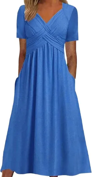 Women Casual Summer Dresses Elegant Short Sleeve Pleated A Line Dresses for Women 2025 Swing Party Travel Vacation Outfits