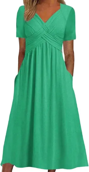 Women Casual Summer Dresses Elegant Short Sleeve Pleated A Line Dresses for Women 2025 Swing Party Travel Vacation Outfits