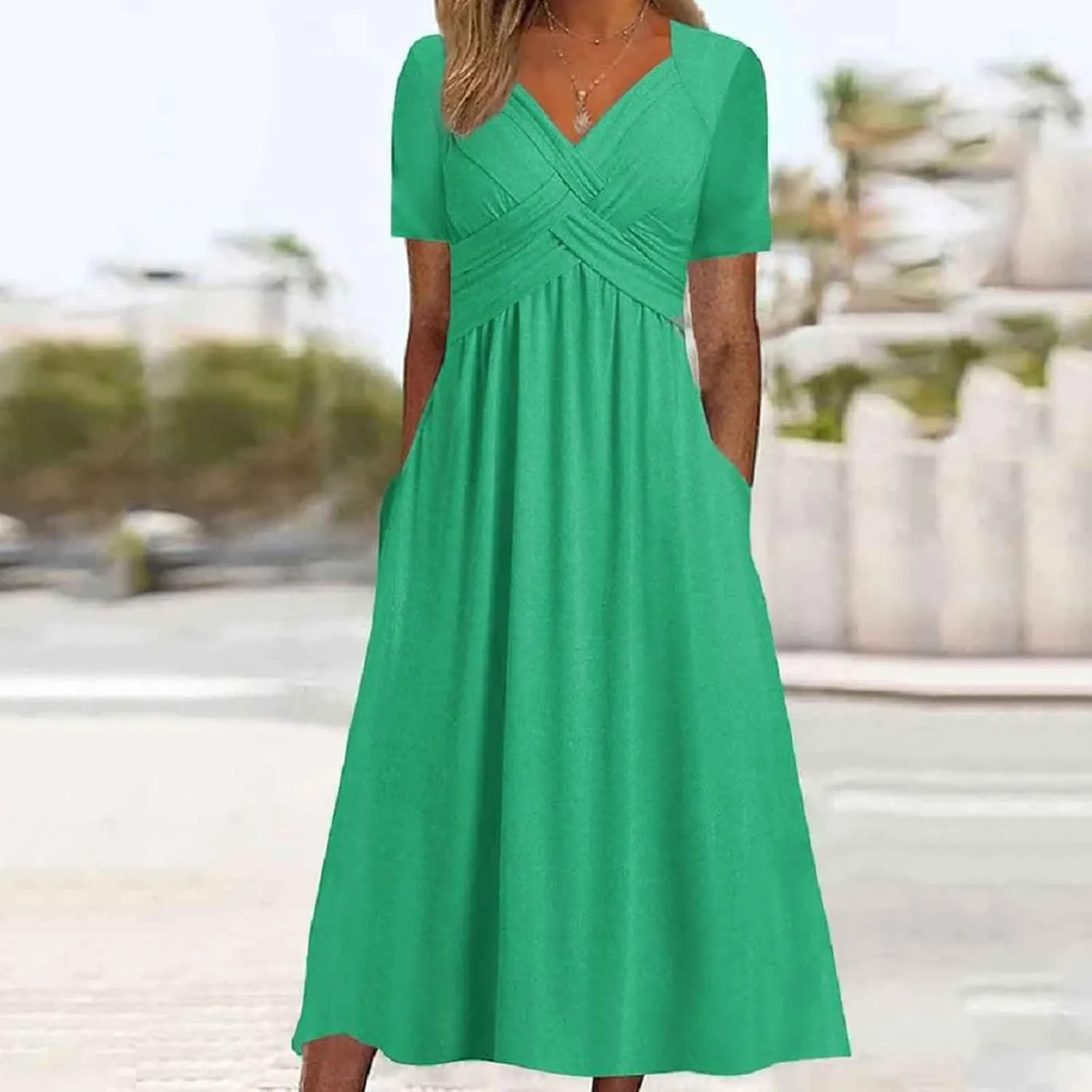 Women Casual Summer Dresses Elegant Short Sleeve Pleated A Line Dresses for Women 2025 Swing Party Travel Vacation Outfits