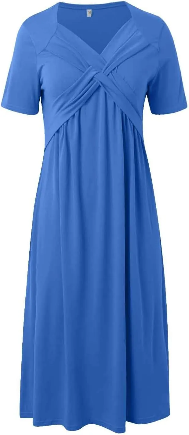 Women Casual Summer Dresses Elegant Short Sleeve Pleated A Line Dresses for Women 2025 Swing Party Travel Vacation Outfits