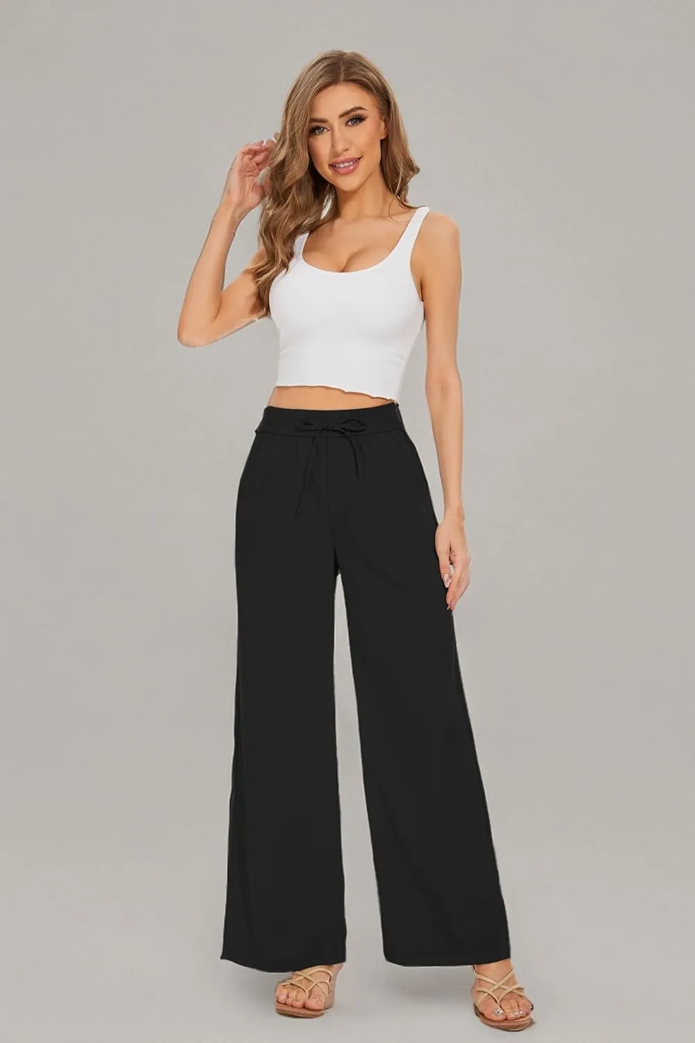 Women Pants Flowy Pants Drawstring Waist Wide Leg Palazzo Beach Pants Loose Fit with Pockets