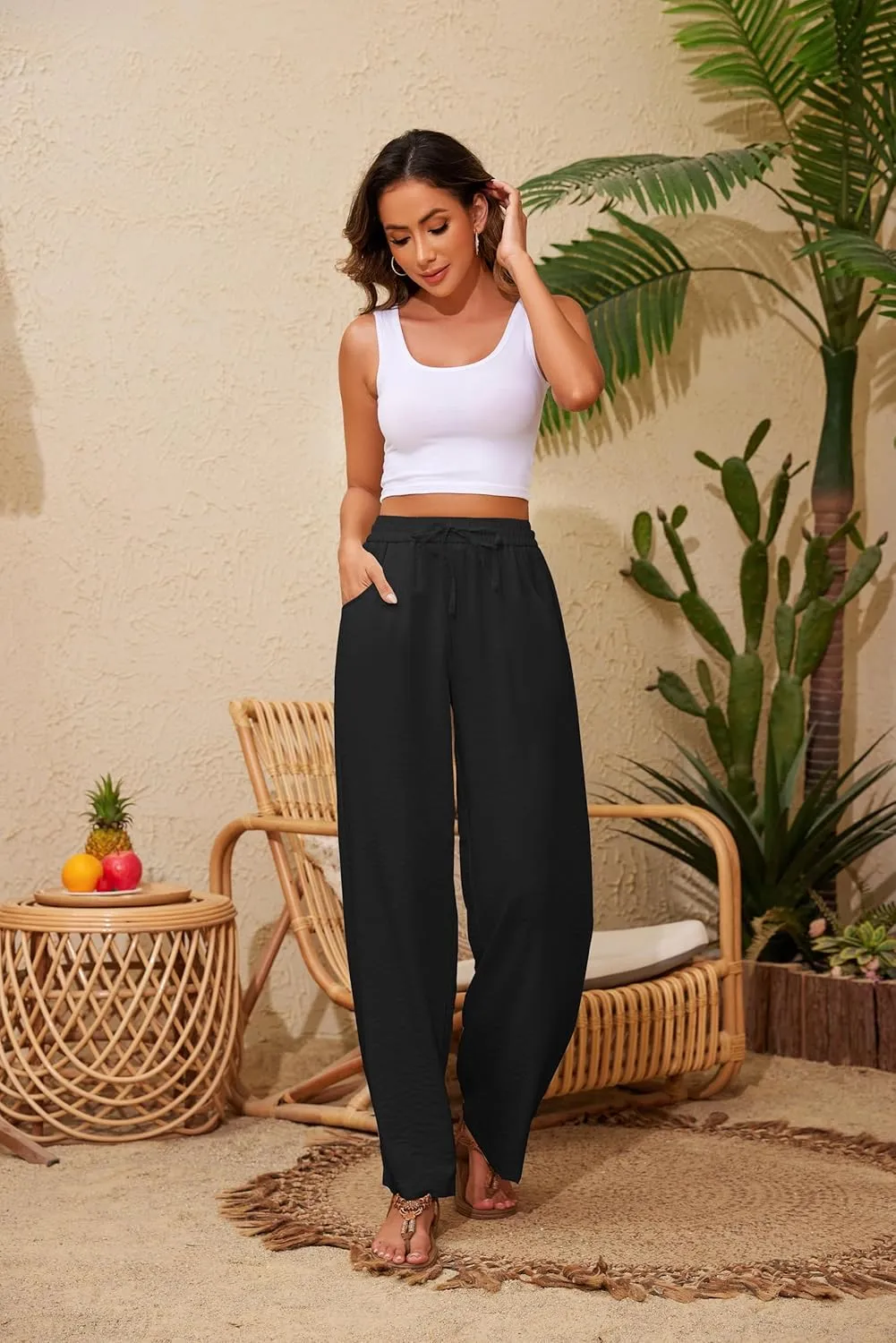 Women Pants Flowy Pants Drawstring Waist Wide Leg Palazzo Beach Pants Loose Fit with Pockets