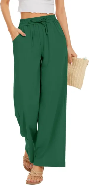 Women Pants Flowy Pants Drawstring Waist Wide Leg Palazzo Beach Pants Loose Fit with Pockets