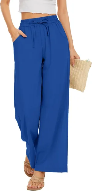 Women Pants Flowy Pants Drawstring Waist Wide Leg Palazzo Beach Pants Loose Fit with Pockets