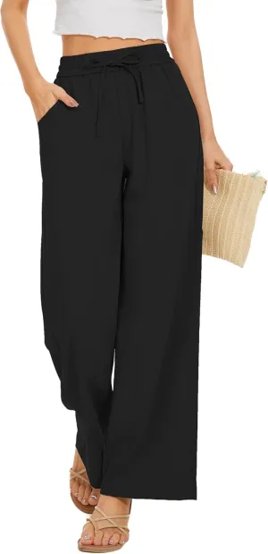 Women Pants Flowy Pants Drawstring Waist Wide Leg Palazzo Beach Pants Loose Fit with Pockets