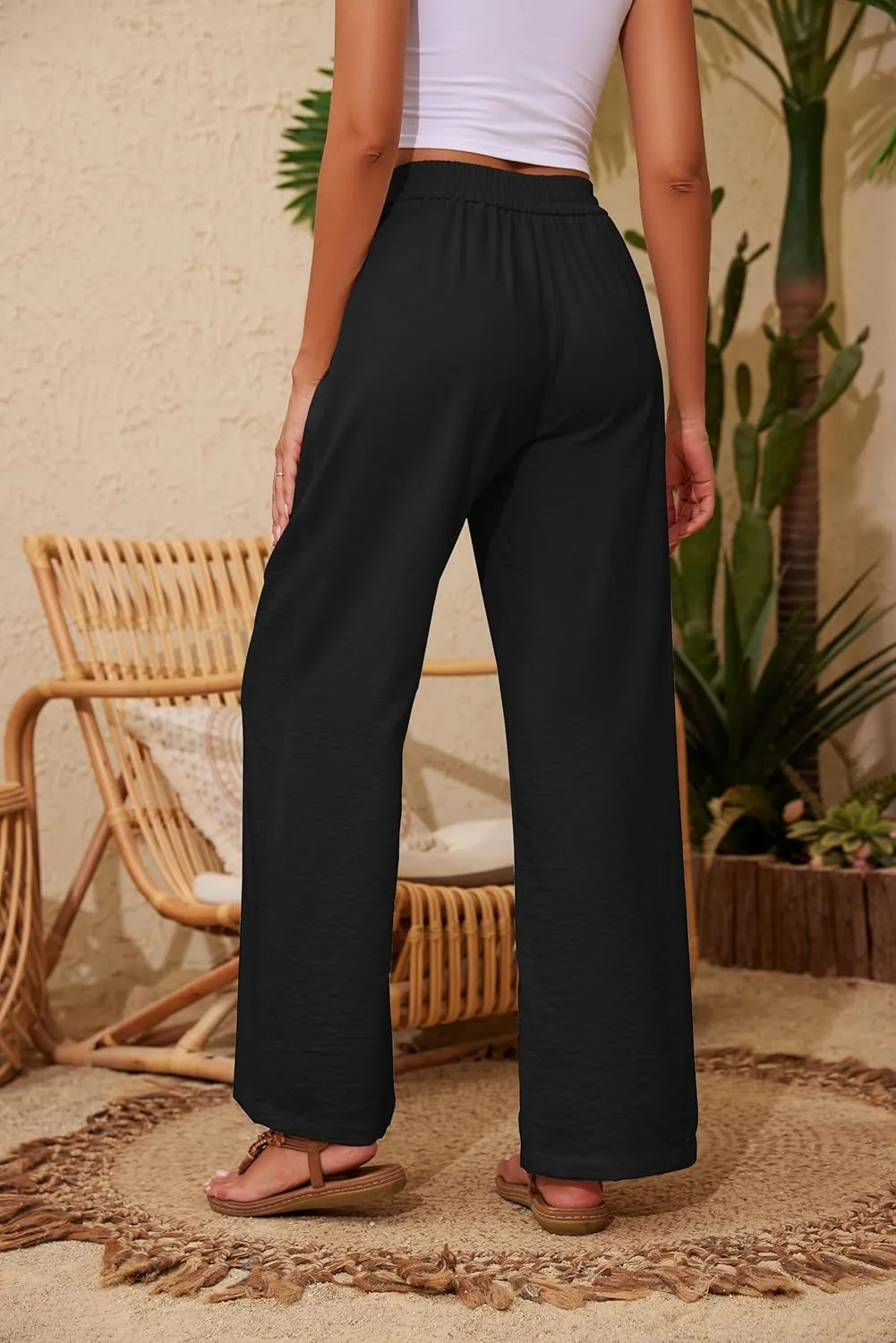 Women Pants Flowy Pants Drawstring Waist Wide Leg Palazzo Beach Pants Loose Fit with Pockets