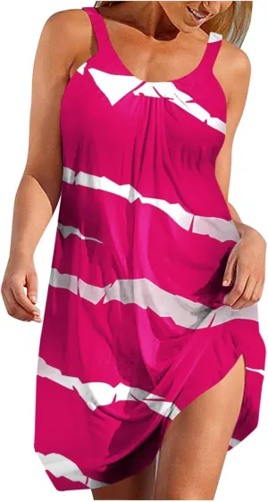 Women Striped Casual Mini Dress, Summer Sleeveless Strappy Beach Sundress Cool Comfy Hawaiian Trendy Vacation Clothes