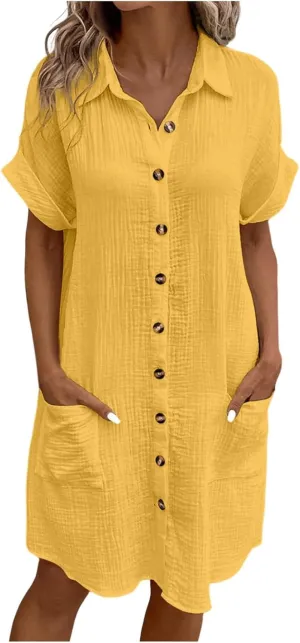 Women Summer 2025 Shirt Dress Button Down Short Sleeve Fashion Casual Fit Skirts with Pockets Church Work Dresses
