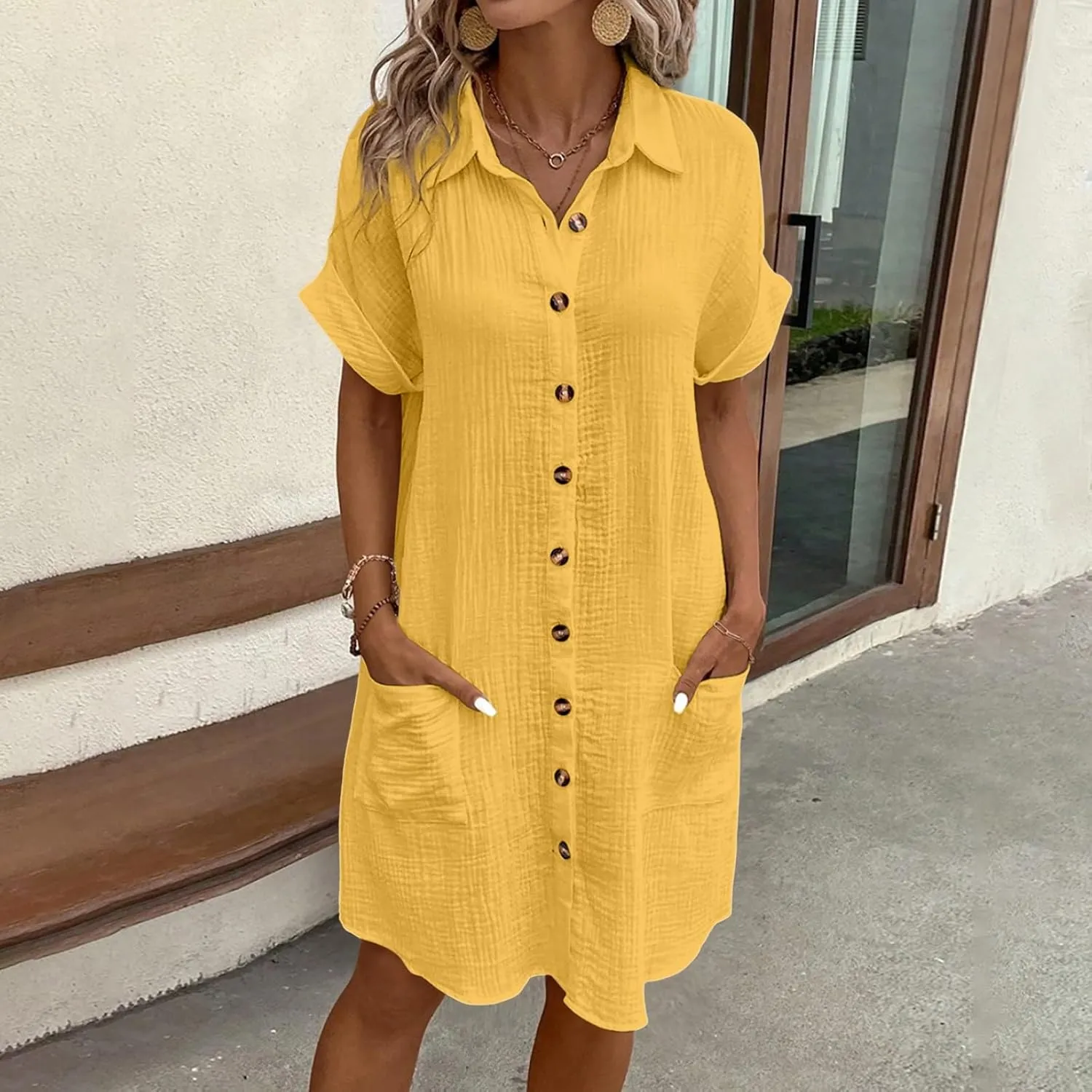 Women Summer 2025 Shirt Dress Button Down Short Sleeve Fashion Casual Fit Skirts with Pockets Church Work Dresses