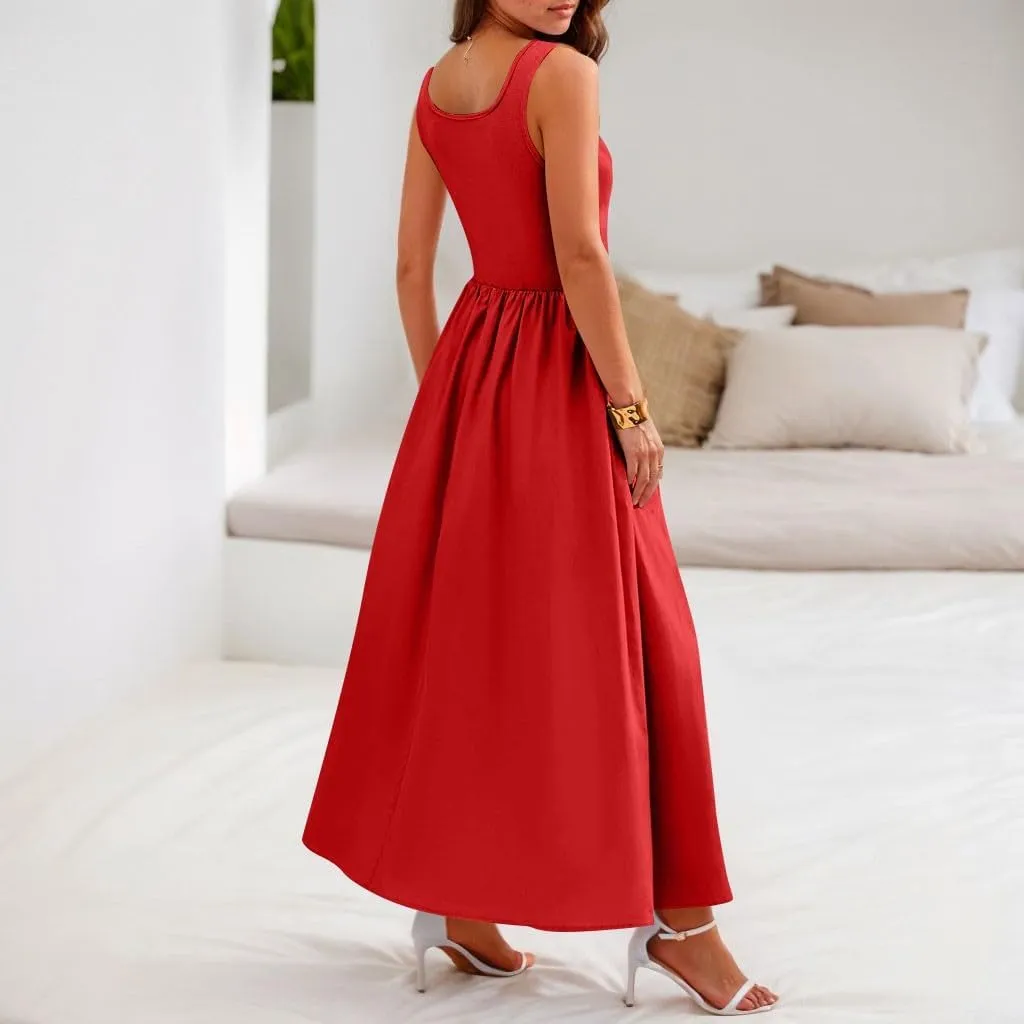 Women Summer Dresses Casual Sundresses Wrap Boho Dresses Tank Dress Sleeveless Business Midi A Line Dress with Pockets