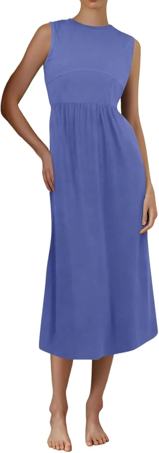 Women Summer Dresses Casual Sundresses Wrap Boho Dresses Tank Dress Sleeveless Business Midi A Line Dress with Pockets