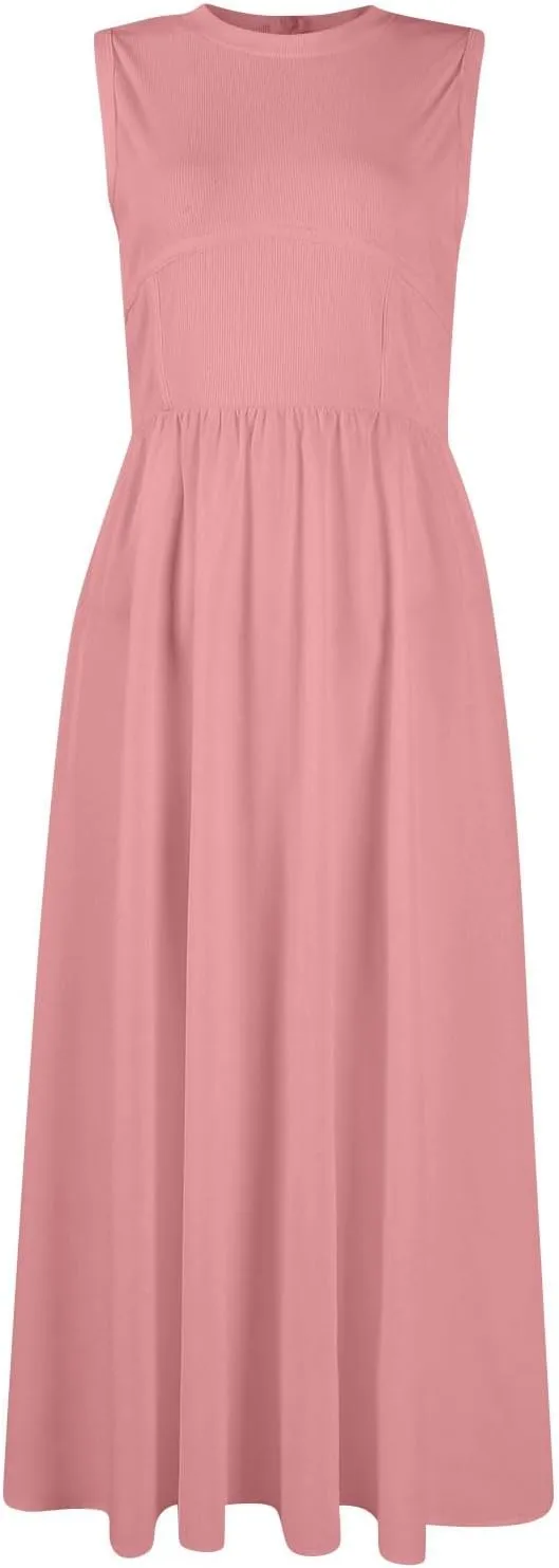 Women Summer Dresses Casual Sundresses Wrap Boho Dresses Tank Dress Sleeveless Business Midi A Line Dress with Pockets