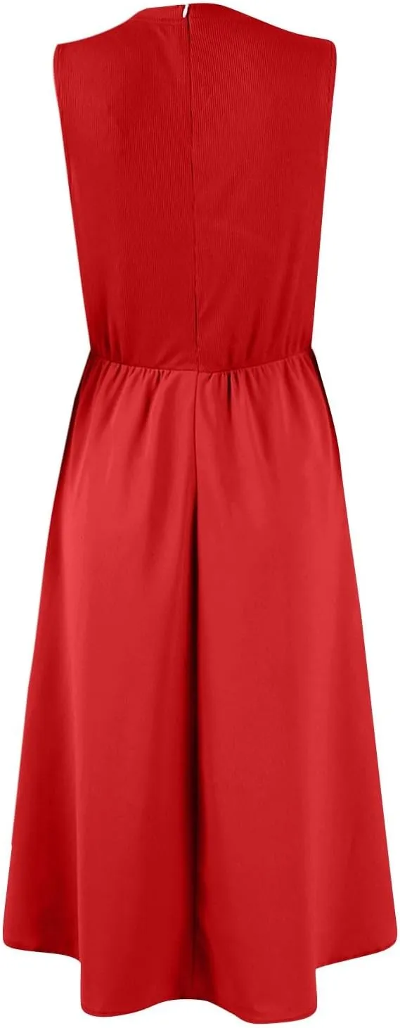 Women Summer Dresses Casual Sundresses Wrap Boho Dresses Tank Dress Sleeveless Business Midi A Line Dress with Pockets