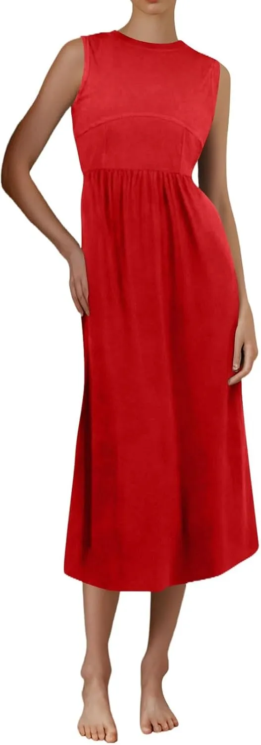 Women Summer Dresses Casual Sundresses Wrap Boho Dresses Tank Dress Sleeveless Business Midi A Line Dress with Pockets