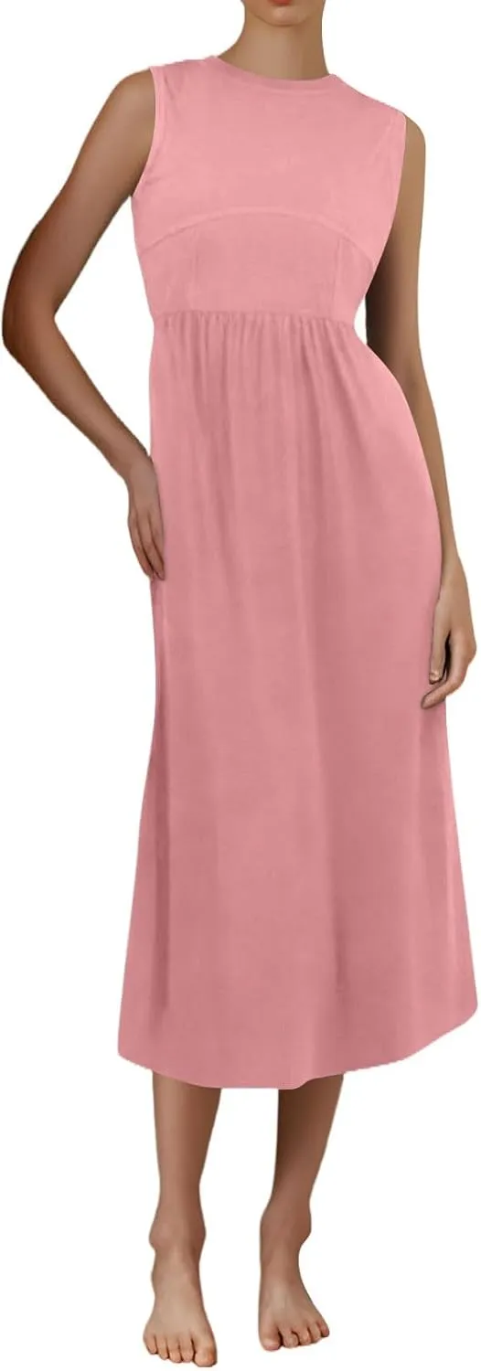 Women Summer Dresses Casual Sundresses Wrap Boho Dresses Tank Dress Sleeveless Business Midi A Line Dress with Pockets