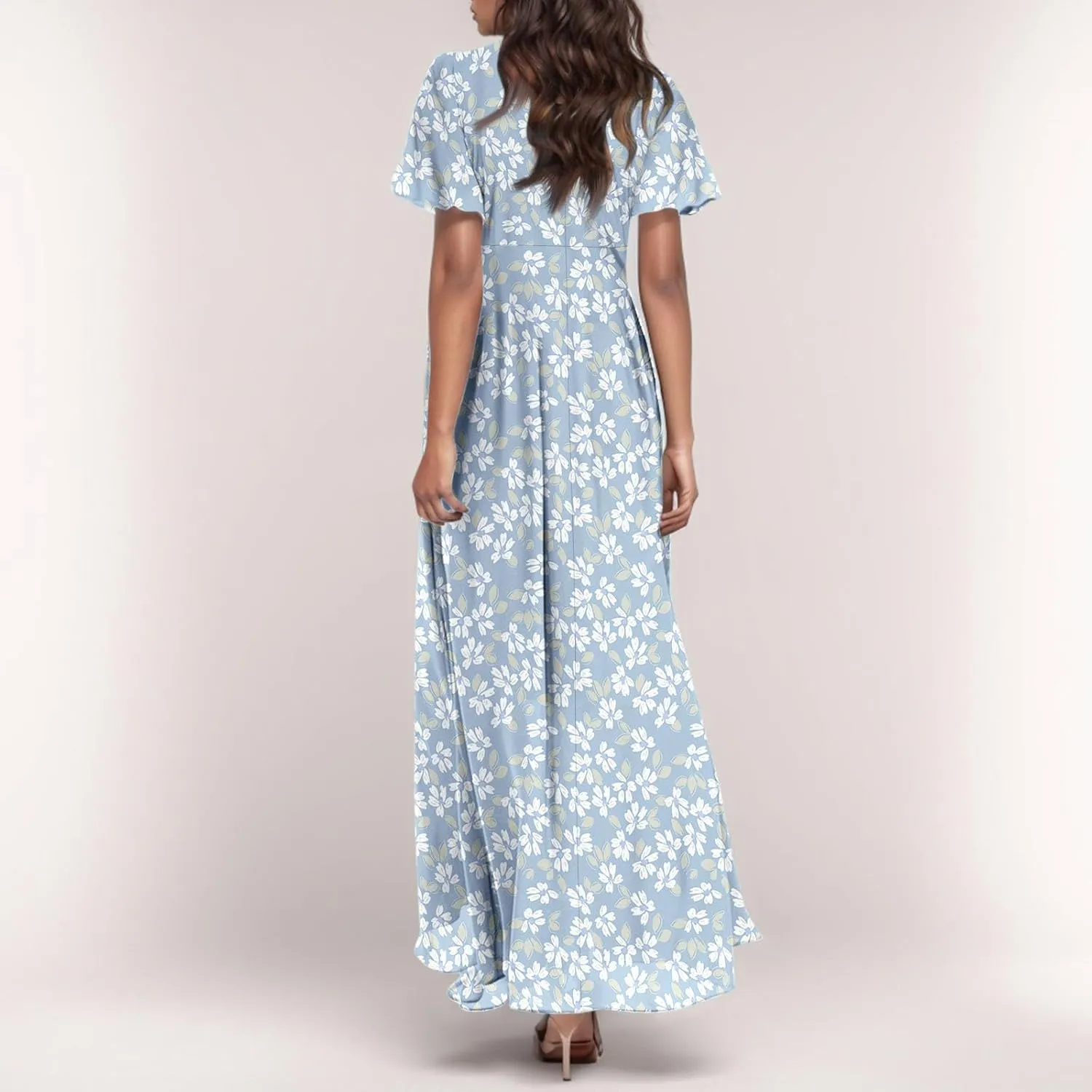 Women Summer Dresses High Waist Maxi Dress Chiffon Ruffle Sleeve Bohemian Dresses Vneck Tea Party Dress