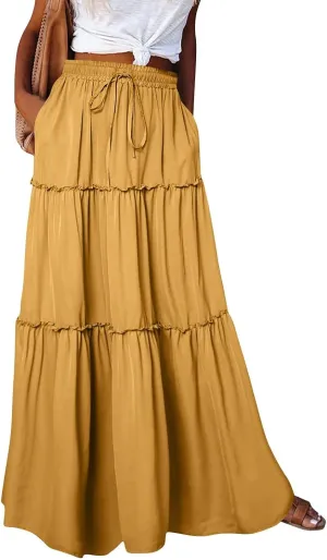 Womens 2025 Summer Long Maxi Skirt Loose Trendy Pleated Tie Knot Elastic High Waisted Flowy Casual A Line Skirts