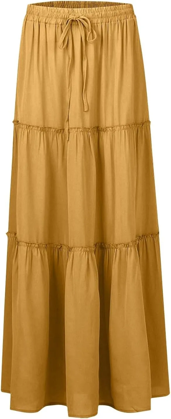 Womens 2025 Summer Long Maxi Skirt Loose Trendy Pleated Tie Knot Elastic High Waisted Flowy Casual A Line Skirts