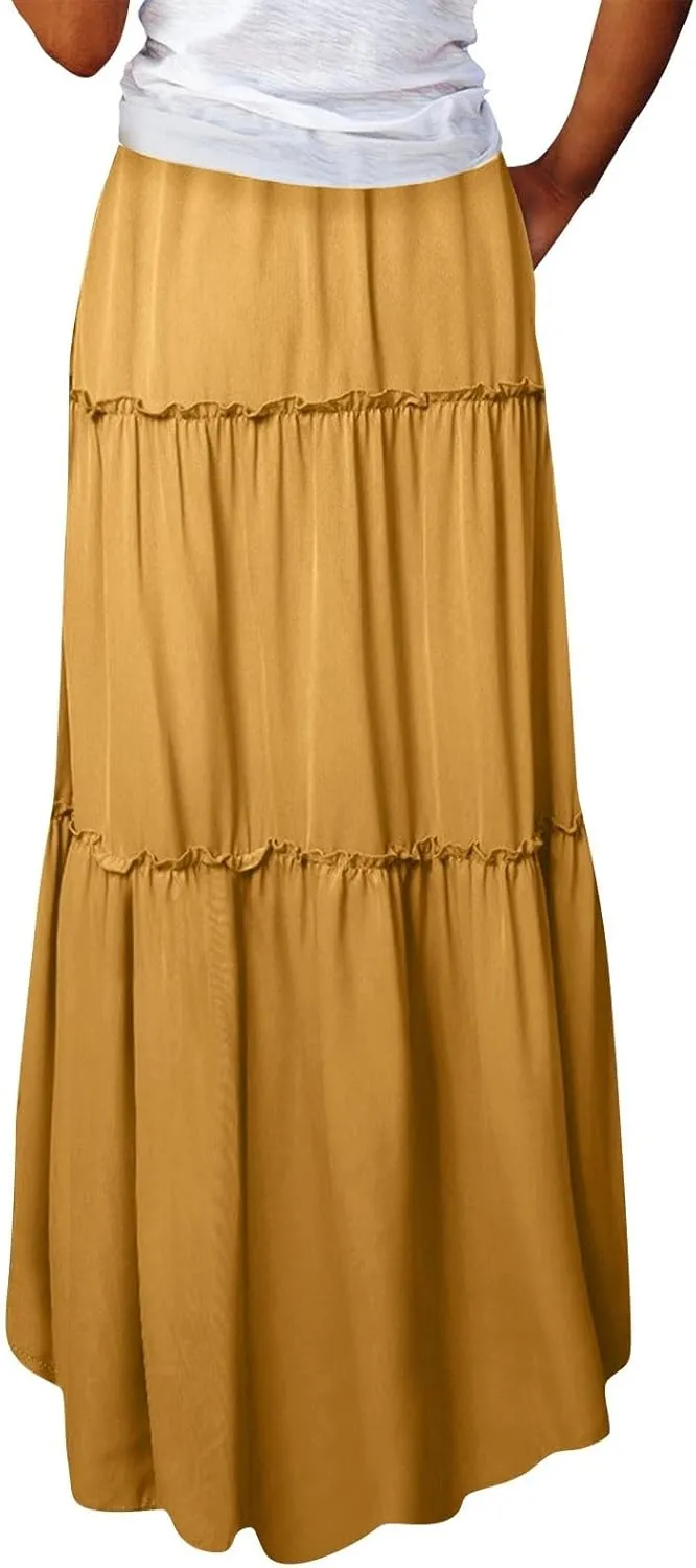 Womens 2025 Summer Long Maxi Skirt Loose Trendy Pleated Tie Knot Elastic High Waisted Flowy Casual A Line Skirts