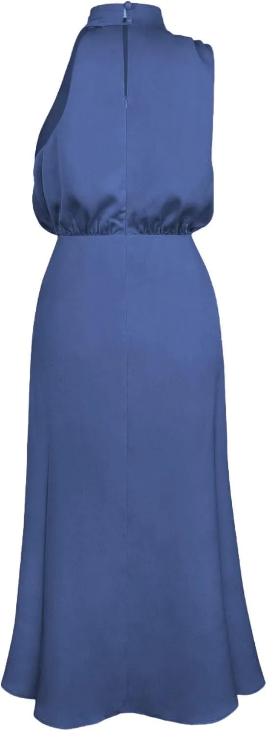 Women's 2025 Summer Satin Dress Elegant Sleeveless Mock Neck Cocktail Party Maxi Dresses