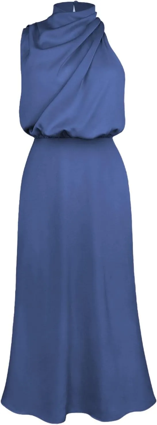 Women's 2025 Summer Satin Dress Elegant Sleeveless Mock Neck Cocktail Party Maxi Dresses