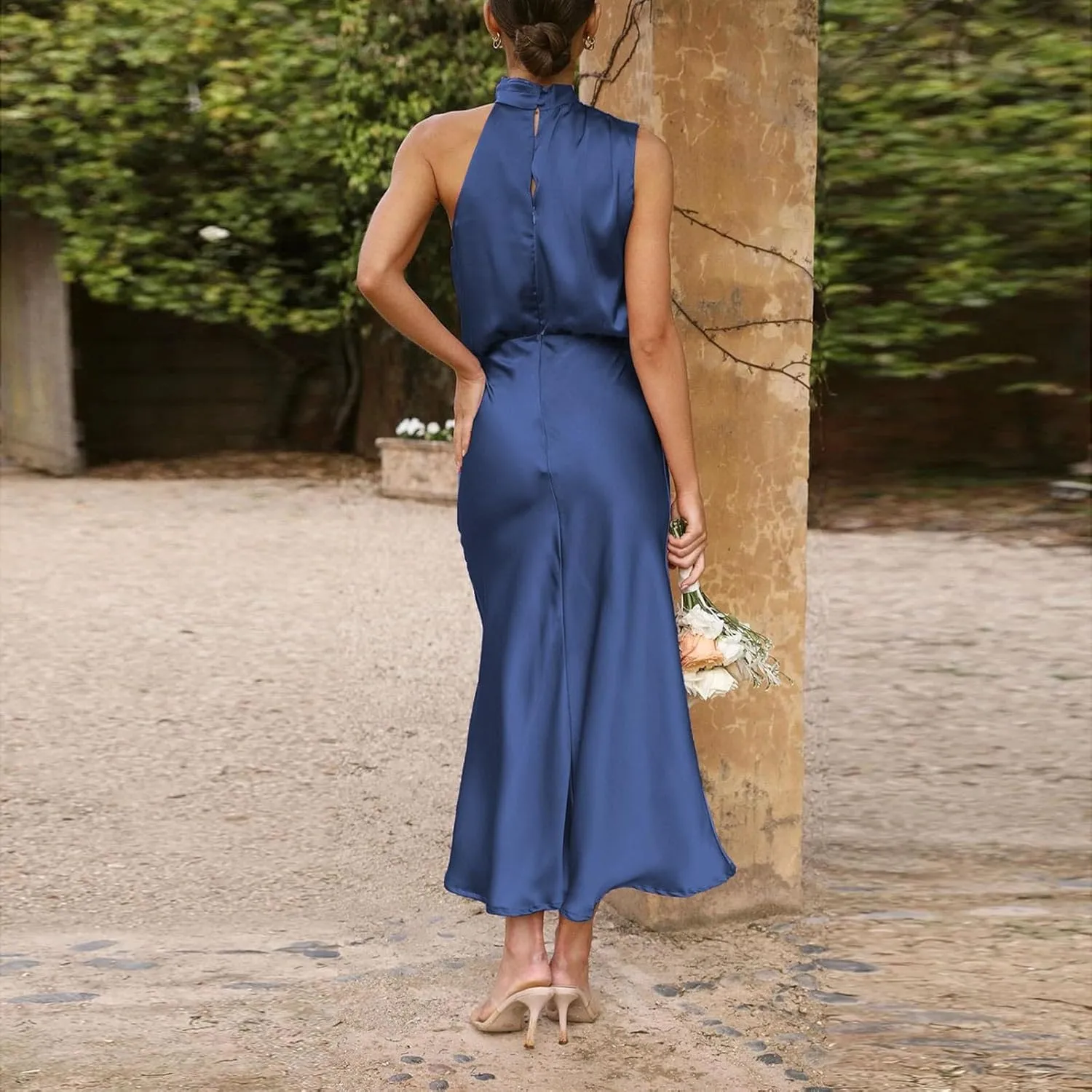 Women's 2025 Summer Satin Dress Elegant Sleeveless Mock Neck Cocktail Party Maxi Dresses