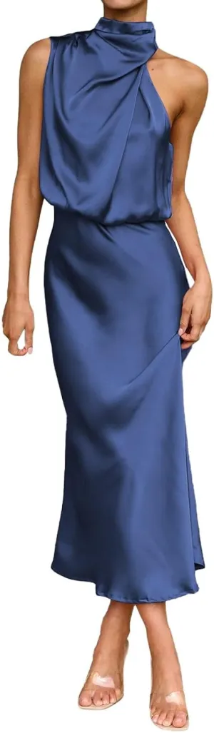 Women's 2025 Summer Satin Dress Elegant Sleeveless Mock Neck Cocktail Party Maxi Dresses