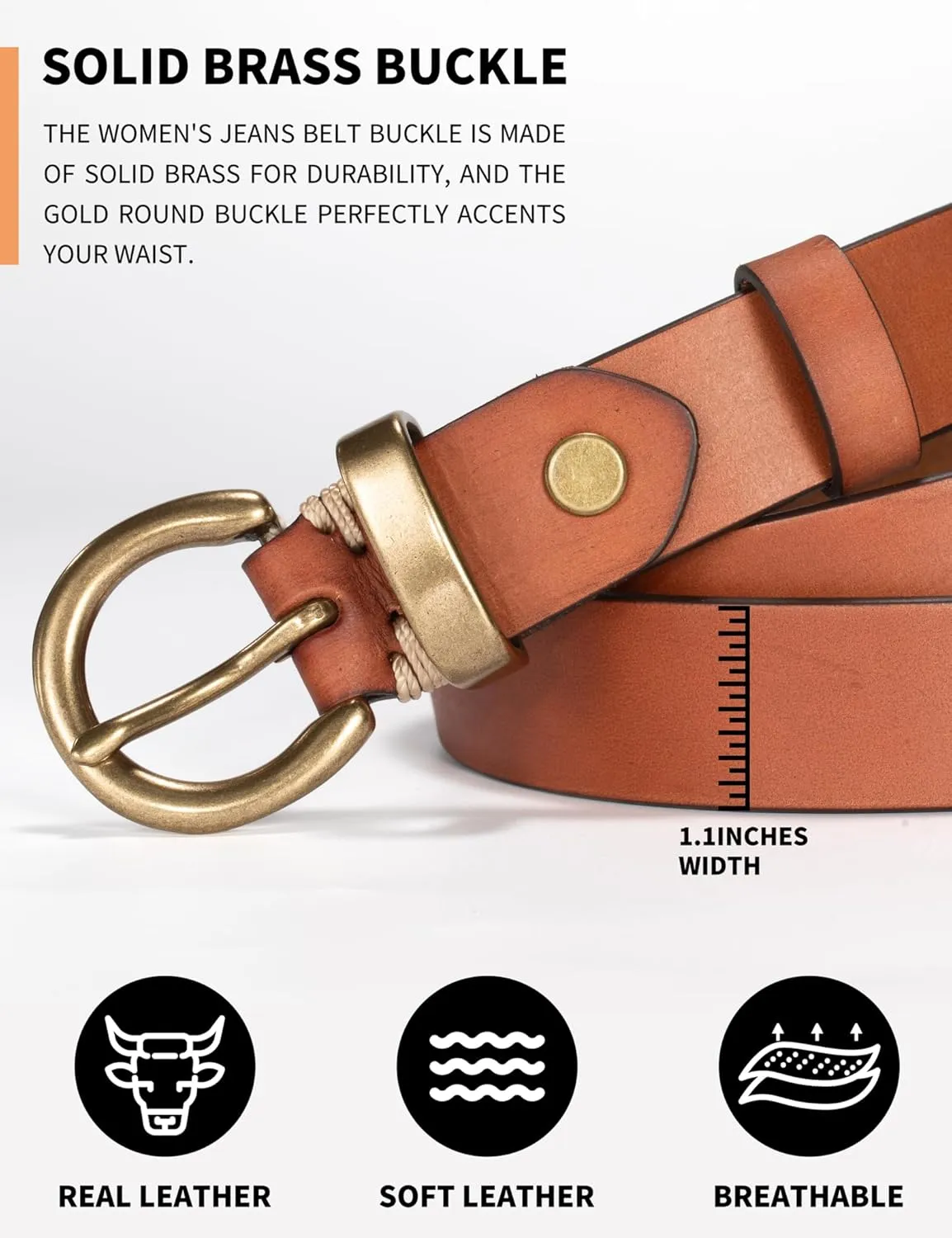 Womens Belt for Jeans Genuine Leather Belt Vintage Solid Brass Circle buckle Gift Box Packaging