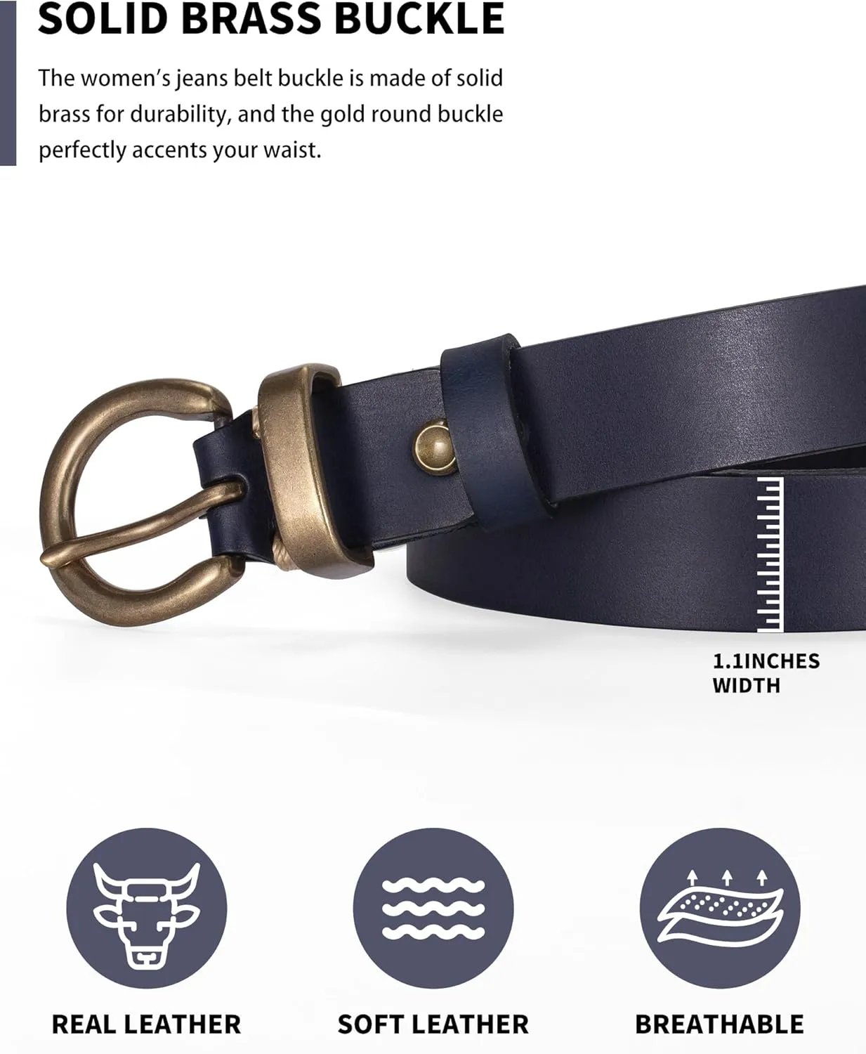Womens Belt for Jeans Genuine Leather Belt Vintage Solid Brass Circle buckle Gift Box Packaging