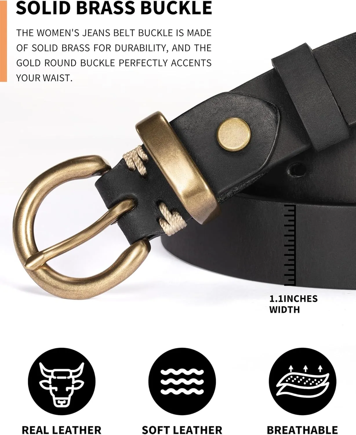 Womens Belt for Jeans Genuine Leather Belt Vintage Solid Brass Circle buckle Gift Box Packaging