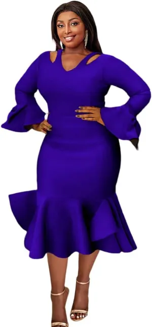 Women's Bodycon V Neck Hollow Out Bowtie Dress Wedding Bridesmaid Evening Party Dresses Mermaid Ruffled Gown