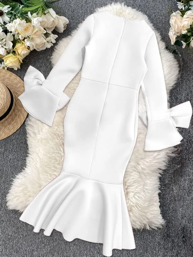Women's Bodycon V Neck Hollow Out Bowtie Dress Wedding Bridesmaid Evening Party Dresses Mermaid Ruffled Gown
