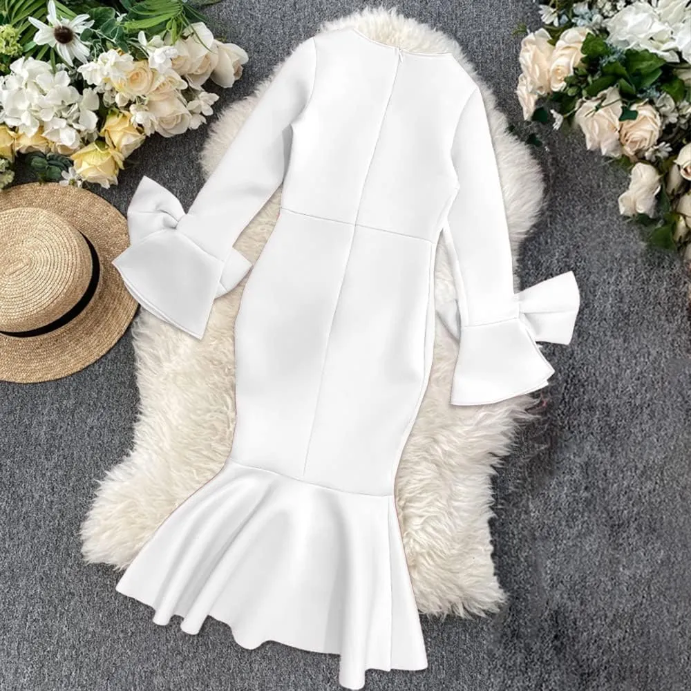Women's Bodycon V Neck Hollow Out Bowtie Dress Wedding Bridesmaid Evening Party Dresses Mermaid Ruffled Gown