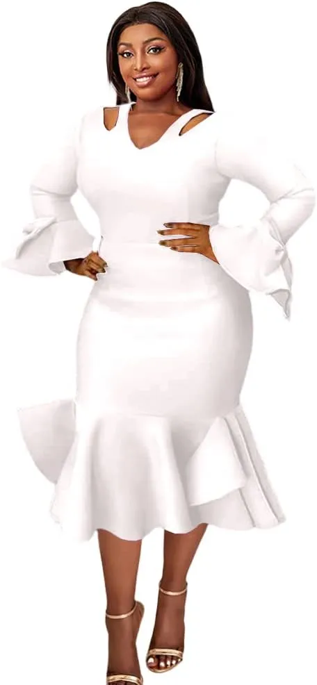 Women's Bodycon V Neck Hollow Out Bowtie Dress Wedding Bridesmaid Evening Party Dresses Mermaid Ruffled Gown